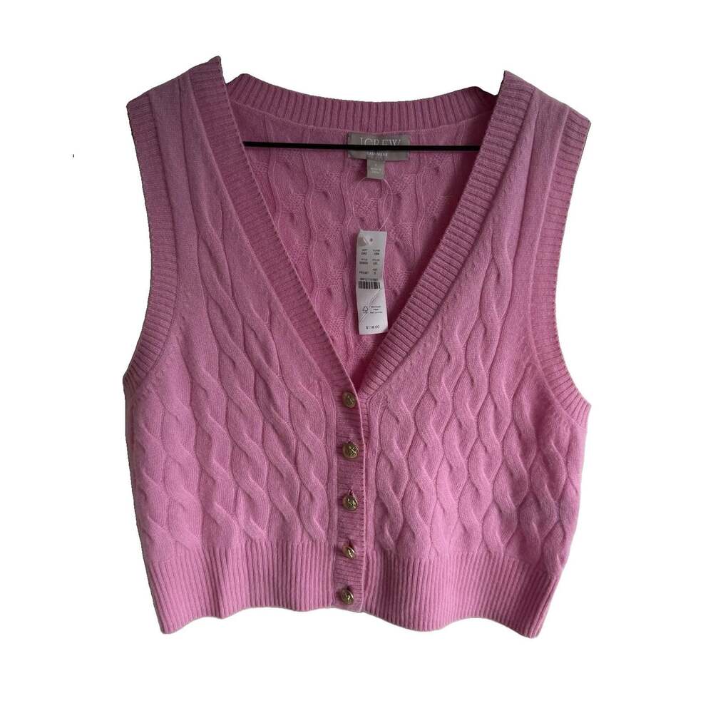 J. Crew Women’s 100% Cashmere Cropped Cable Knit Sweater Size S Pink Gold Button